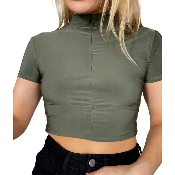 New XS Slinky Army Olive Green Half Zip‎ Short Cap Sleeve High Neck Y2k - Picture 2 of 4